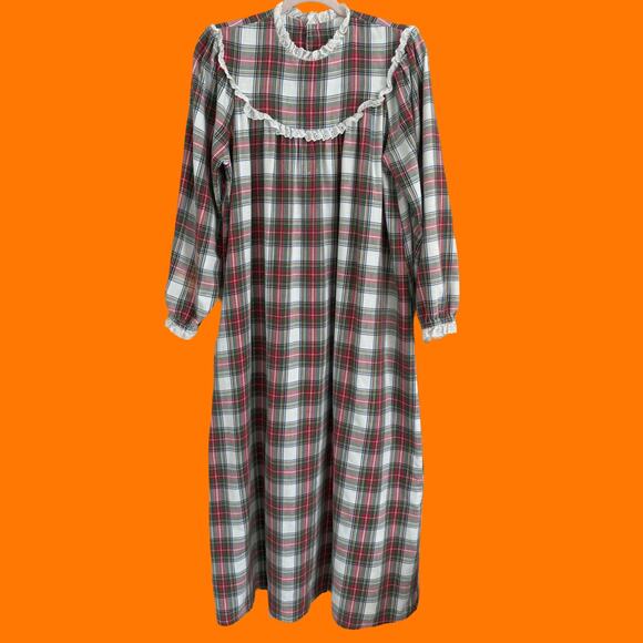 80's 90's vintage tartan plaid Christmas night gown pjs OSFM l.l. bean by lanz - Picture 2 of 11